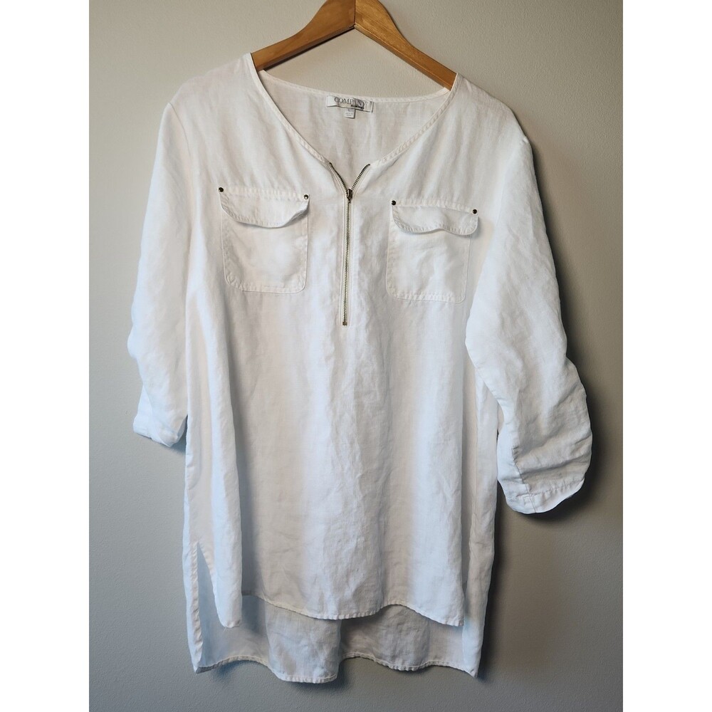 COMPANY Ellen Tracy Women Blouse L White Linen Button Zipper Scoop Neck Zip